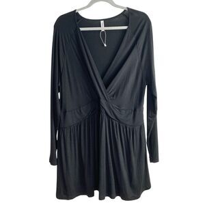 Tianzhu 2XL Tunic Top Black Faux Wrap Pleated Peplum Long Sleeve Stretch NWOT